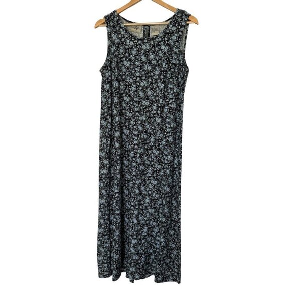 Vintage 1990s Studio Ease Linen Blend Dark Florals Blue Maxi Shift Dress Sz 8 - Picture 1 of 7